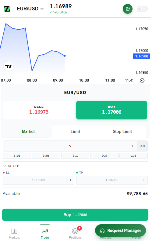 Brokz mobile web trader — EUR/USD live chart and order ticket